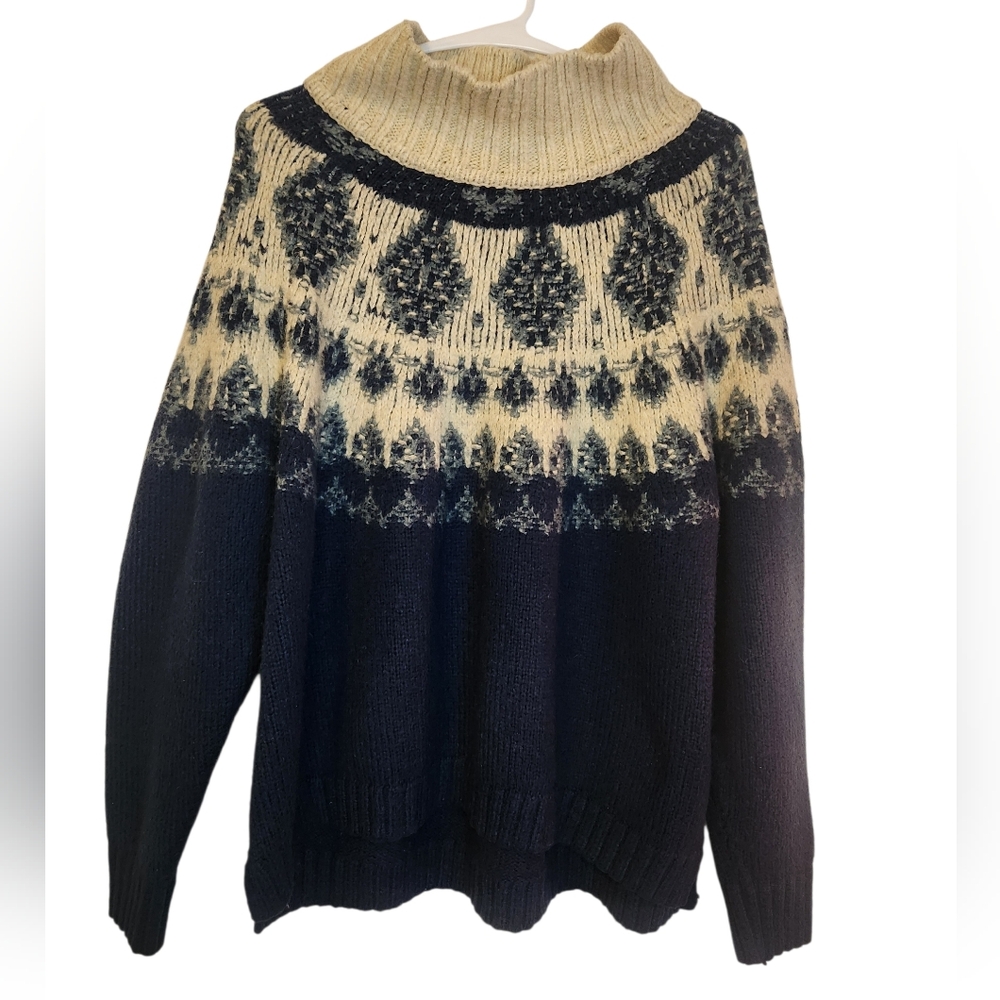 Lucky Brand Fair Isle Turtleneck Sweater • Cream & Navy • Size XXL (fits L–XXL)